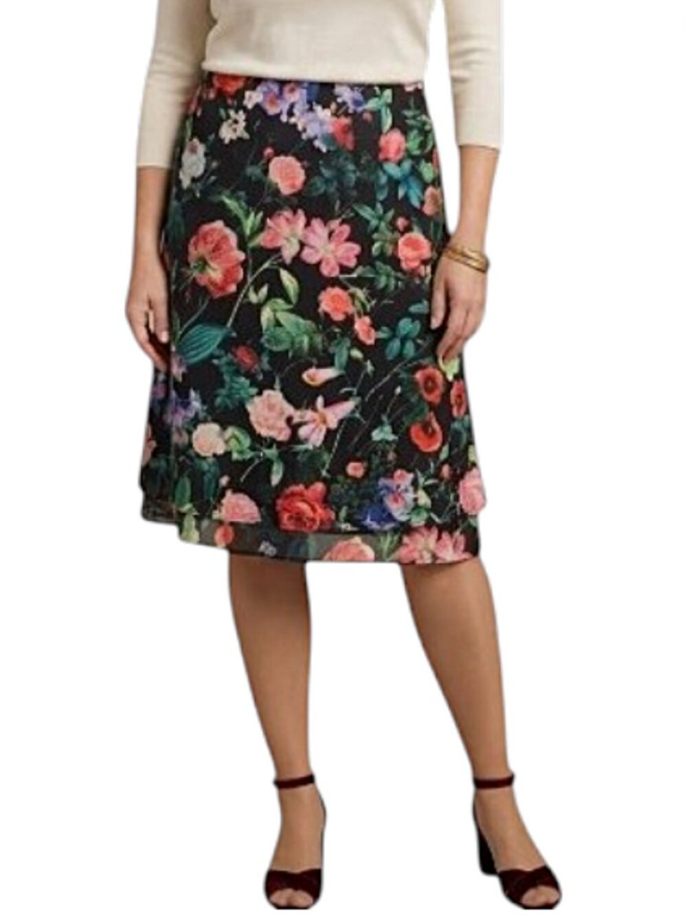 Soho Apparel Floral High-Low Skirt Black Multicolor Vibrant Garden Print XL